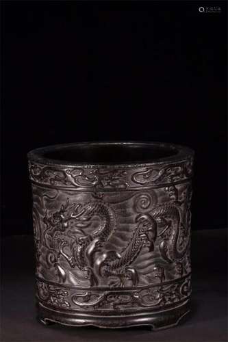 A Chinese Carved Hardwood Brush Pot