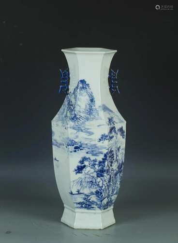 Qing Dynasty: A Hexagonal Shaped Blue and White Vase.Diam:17...