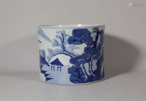 Qing Dynasty Kangxi blue-and-white landscape figure penholde...