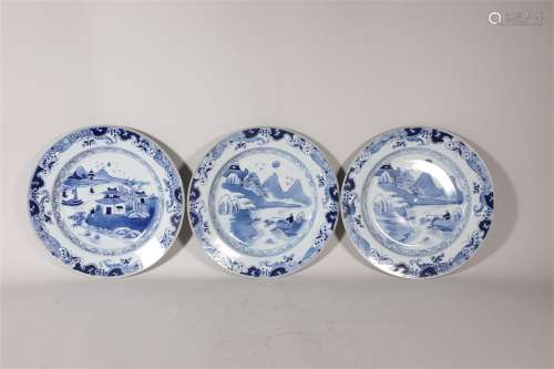 three Blue and White Plates Yongzheng Style