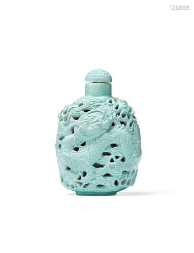 A TURQUOISE-ENAMELED MOLDED PORCELAIN SNUFF BOTTLE