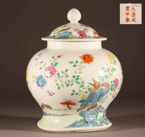 Qing Xianfeng pink flower and bird general jar