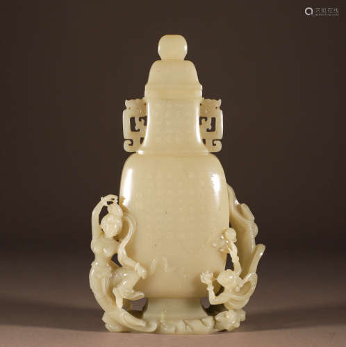 Qing Hotan jade poetry flying flat bottle