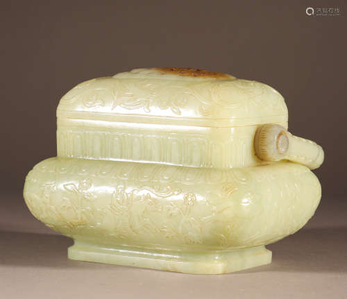 White jade dragon pattern figure flower stove in Hotan of Qi...