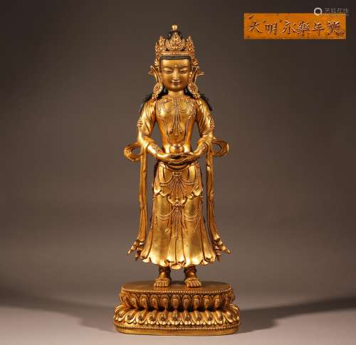 Bronze gilded standing statue of Amitabha Buddha