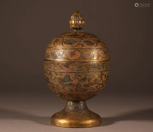 Copper gilt flower bird pattern covered pot