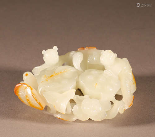 Lotus root ornament of white jade boy in Hotan of Qing Dynas...