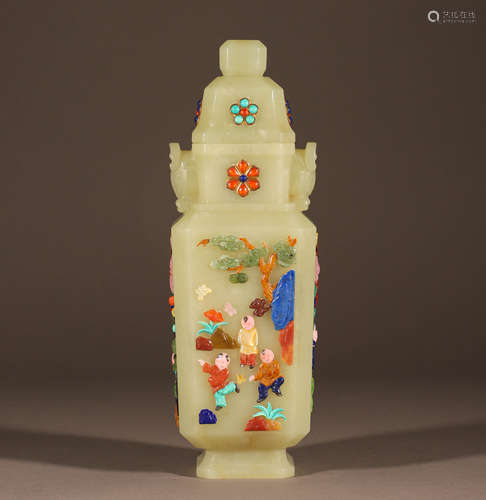 Qing Hotan white jade inlaid with Baibao flower, butterfly a...