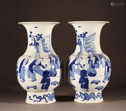 Qing Kangxi blue and white three old men called for a pair o...