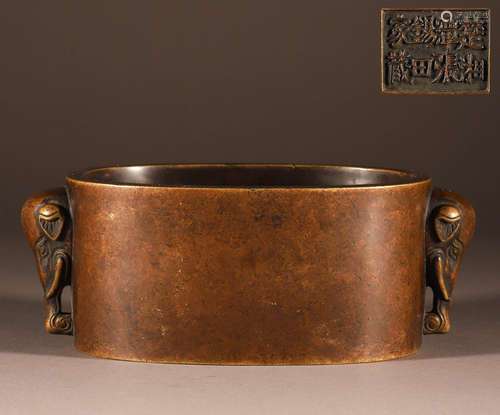 Qing double Elephant Ear barrel copper incense burner