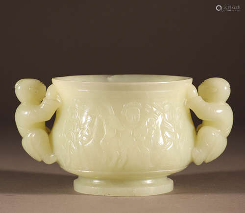 White jade boy's two ear stove in Hotan of Qing Dynasty