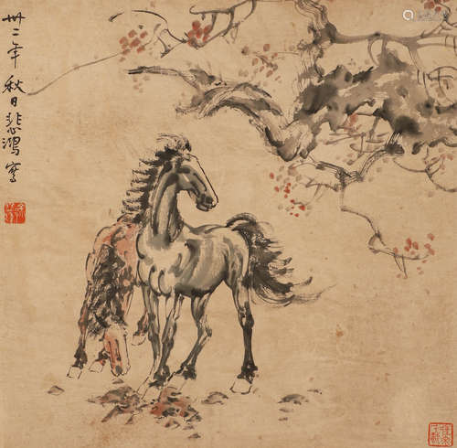 Chinese ink painting Xu Beihong's paper double horses