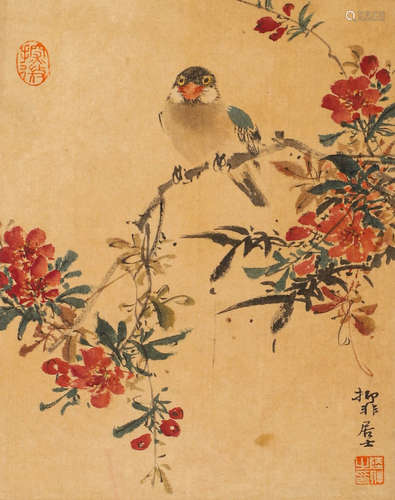 Chinese ink painting of flowers and birds in silk