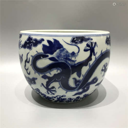 CHINESE BLUE AND WHITE JARDINERE ,HAND PAINTED DRAGONS,D 18....