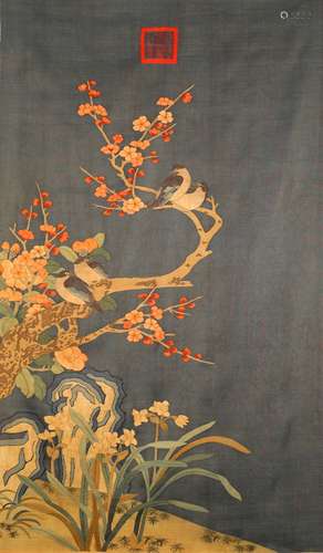 CHINESE SILK EMBROIDERY PANEL ,DECORATED WITH BIRDS, 123CM X...