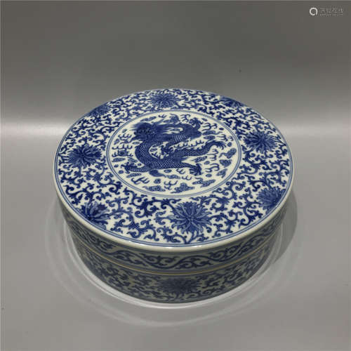 CHINESE BLUE AND WHITE BOX AND COVER ,HAND PAINTED DRAGONS ,...