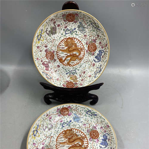 PAIR OF CHINESE FAMILLE ROSE PLATE,HAND PAINTED DRAGON, D14....