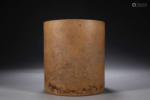 CHINESE YIXING ZISHA BRUSH POT , 11.8X12.8CM