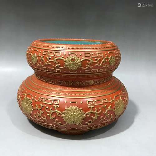 USUAL CHINESE CORAL RED WITH GILT BRUSH WASHER ,D 15CM H 11C...