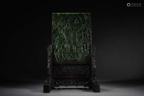 CHINESE JADE PANEL AND WOOD STAND ,24.9X17.2X38CM ,WEIGHT 24...