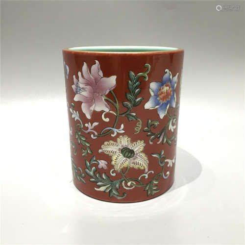 CHINESE PORCELAIN FAMILLE ROSE BRUSH POT ,D10CM  H11.5CM