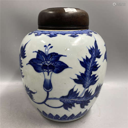 CHINESE BLUE AND WHITE GINGER JAR ,HAND PAINTED FLOWERS ,H 1...