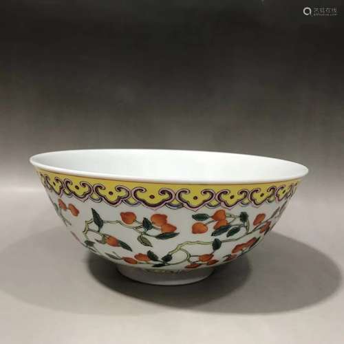 LARGE CHINESE FAMILLE ROSE BOWL , HAND PAINTED PEACHES,D19.2...