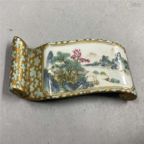 CHINESE FAMILLE ROSE ARM REST ,HAND PAINTED LANDSCAPE , D8CM