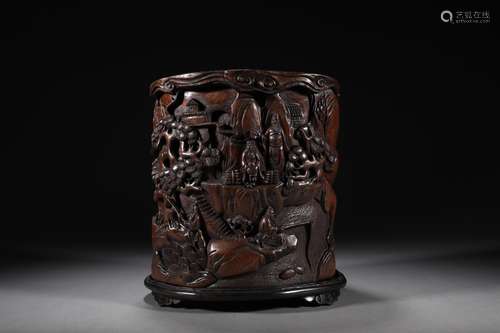 CHINESE CRAVED WOOD BRUSH POT , 19.5X17X19.2CM