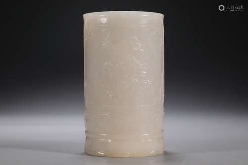 CHINESE JADE CRAVING BRUSH POT ,5.1X8.7CM