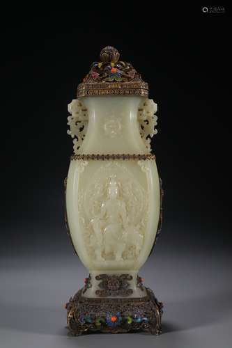 CHINESE JADE CRAVED VASE , 26.5X9.5X6CM