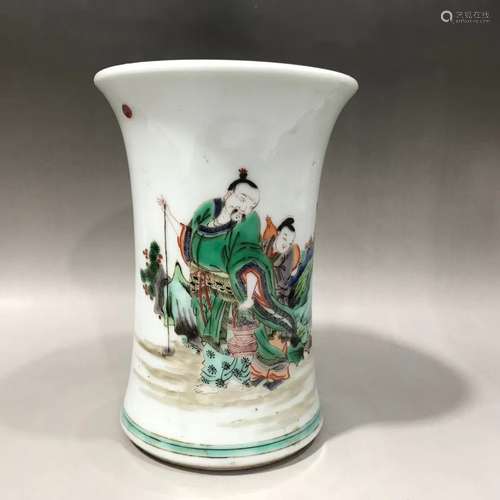 CHINESE FAMILLE VERTE BRUSH POT , HAND PAINTED FIGURES , H17...