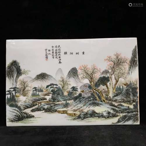 CHINESE FAMILLE ROSE PORCELAIN PANEL ,HAND PAINTED LANDSCAPE