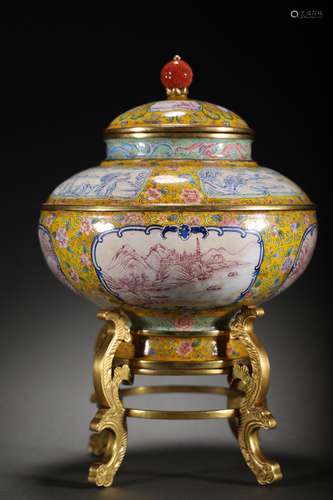 CHINESE ENAMEL POT AND COVER WITH STAND ,14.5X19.5CM