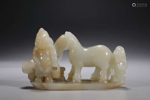 CHINESE JADE CRAVING HORSE AND FIGURES ,10.3X3.5X5.6