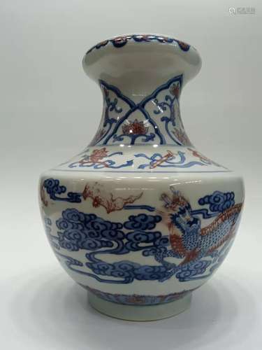 CHINESE BLUE AND WHITE VASE WITH UNDER GLAZED RED ,HAND PAIN...