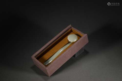 CHINESE JADE CRAVED RUYI IN WOODEN BOX,19.5CM X 5 CM