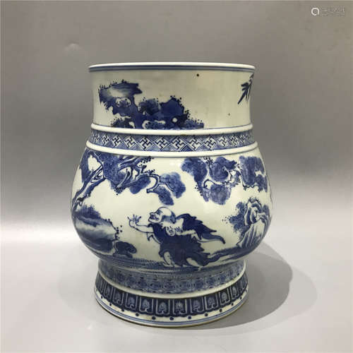 CHINESE BLUE AND WHITE VASE,HAND PAINTED FIGURES ,H20 RIM 13...