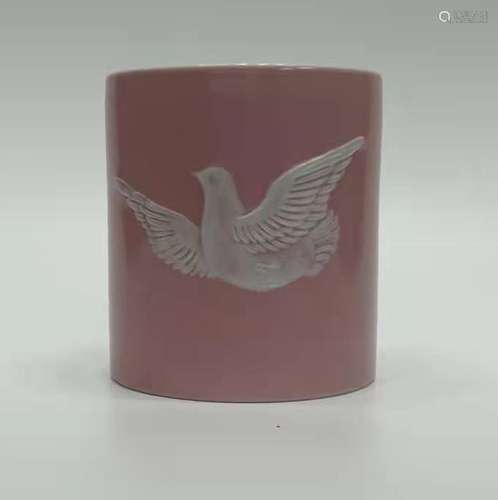 CHINESE PINK GROUND BRUSH POT ,DECORATED WITH BIRD,H 12CM D ...