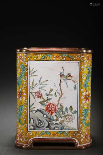 CHINESE SQUARE ENAMEL BRUSH POT ,8.8X7CM