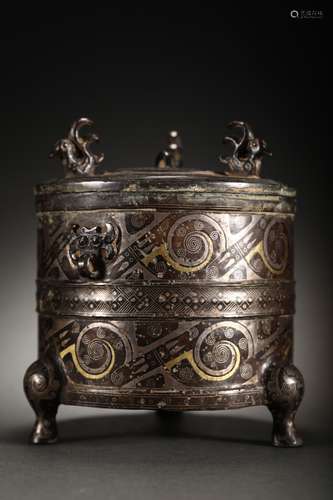 CHINESE BRONZE WITH SILVER AND GOLD INLAID VASE ,13.8X13CM 1...