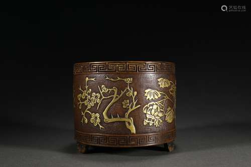 CHINESE BRONZE AND GILT CENSOR ,10.9CM X 9 CM ,WEIGHT 1390G