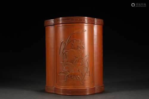 CHINESE BRUSH POT ,DECORATED WITH BIRD ,12.5X10.5X14.3CM