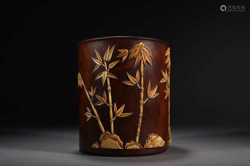 CHINESE HARDWOOD BRUSH POT ,DECORATED WITH BAMBOO , 13.3X 14...