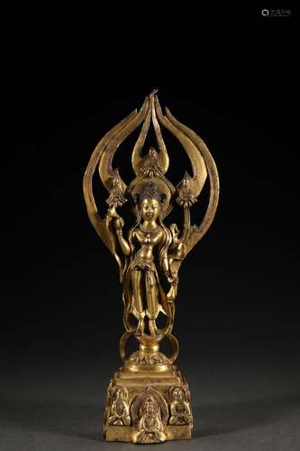 CHINESE BRONZE GILT GUANYIN ,9.2X5X21.8CM