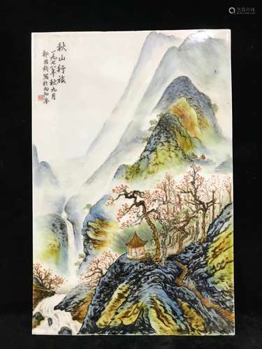 CHINESE FAMILLE ROSE PORCELAIN PANEL ,HAND PAINTED LANDSCAPE...