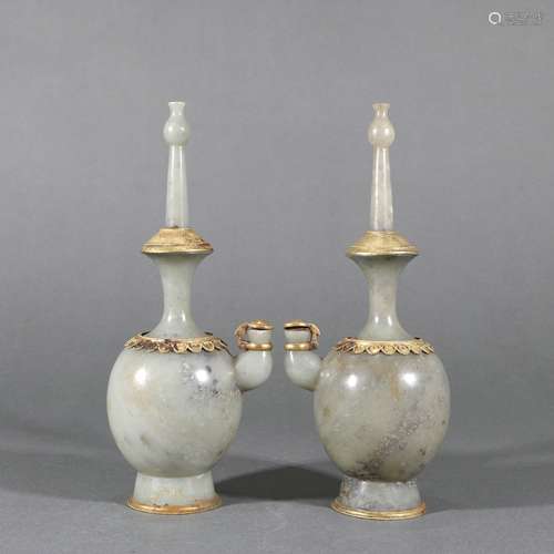 Pair Of Jade Gold Gilded Bottles, China