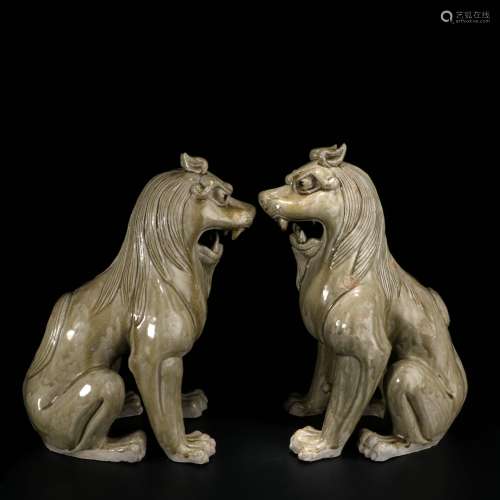 Pair Of Xiangzhou Kiln Porcelain Lion Ornaments, China