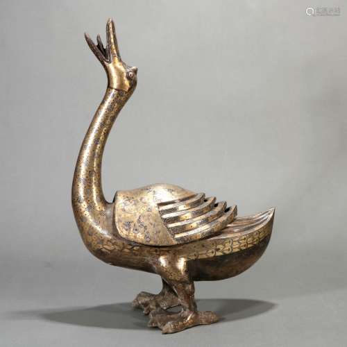 Bronze Gold Silver Painted Duck-Shape Incense Burner, China