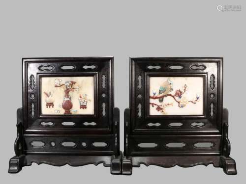 Pair Of Zitan Rosewood With Stone Screens, China